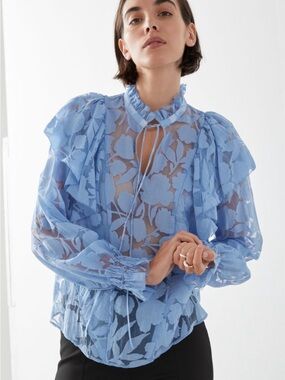 & Other Stories Sky Blue Sheer Floral Ruffled Tie-Neck Blouse